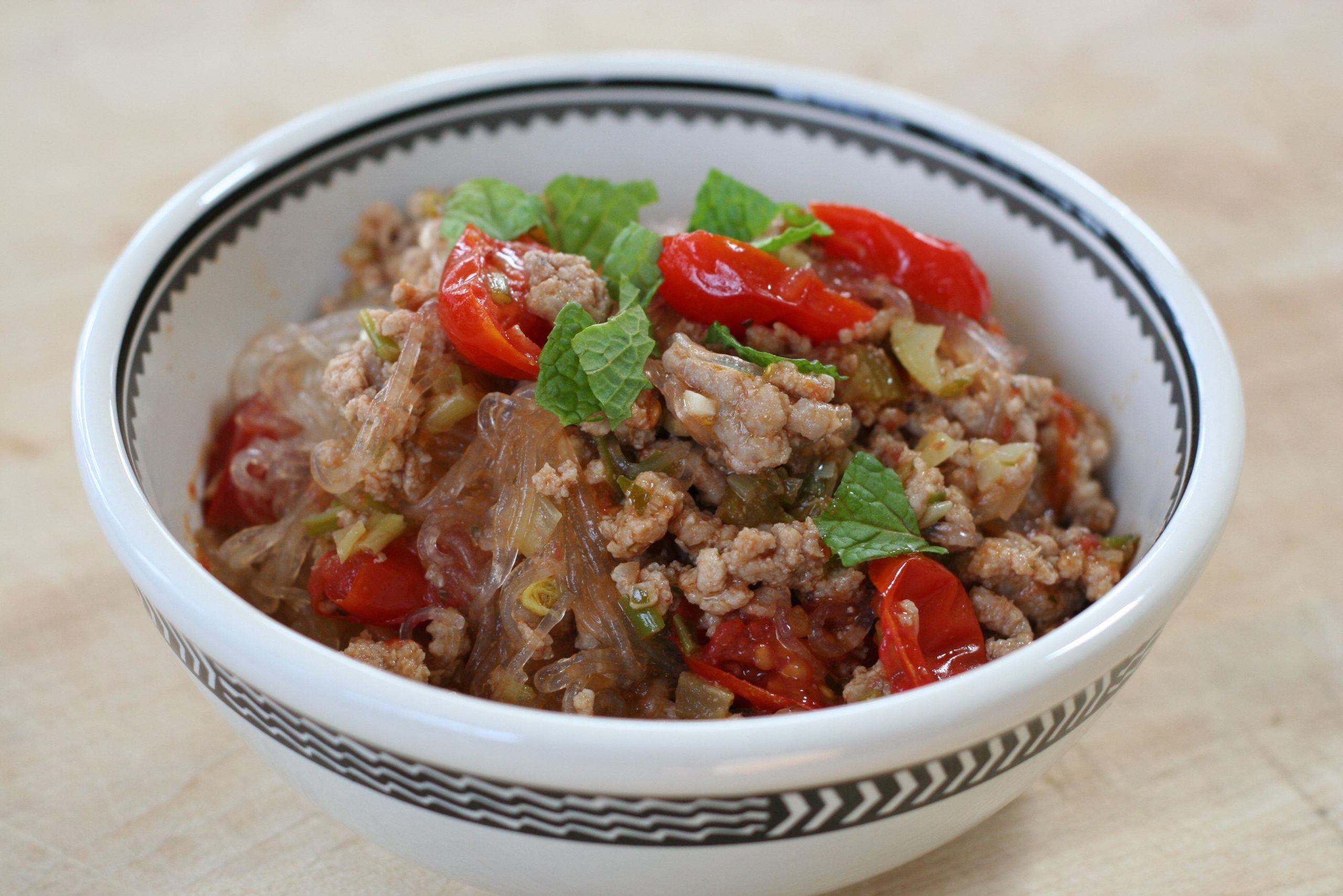 Bean Thread Noodles with Veal, Tomatoes, and Mint